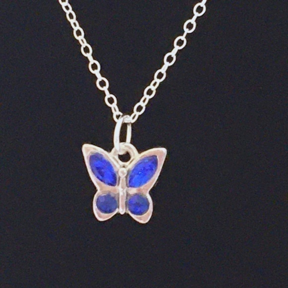 NECKLACE September Birthstone Sapphire Butterfly Pendant Silver Plate Chain - Picture 2 of 6